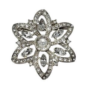 Brooch Pin Clear Rhinestone Flower Bloom Silver Tone Retro 60's Costume